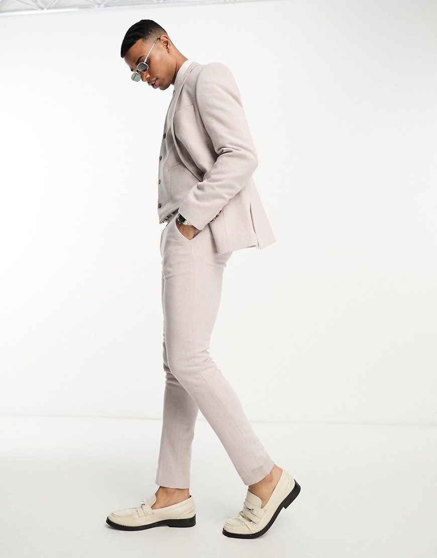 ASOS DESIGN skinny wool mix suit trousers in pale pink herringbone