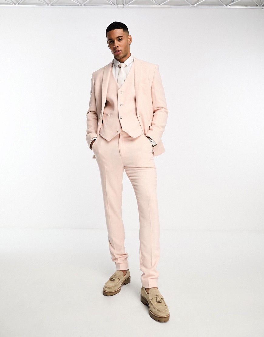 ASOS DESIGN skinny wool mix suit trousers in pastel pink herringbone