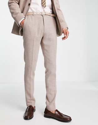 ASOS DESIGN skinny wool mix suit trousers in stone dogtooth