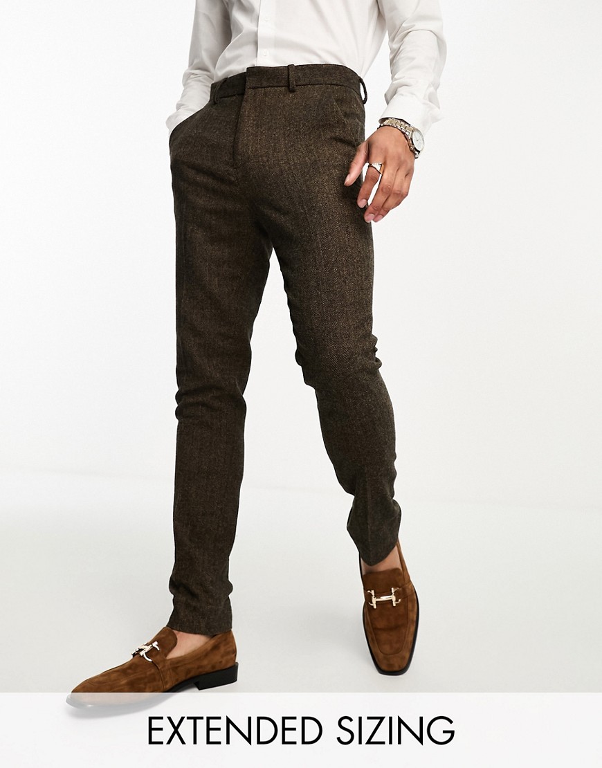 ASOS DESIGN skinny wool mix suit trousers in tobacco herringbone-Brown