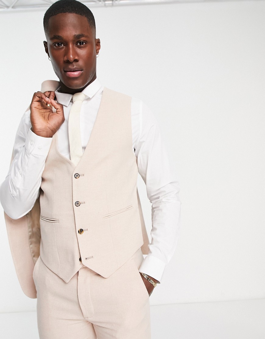 Asos Design Skinny Wool Mix Suit Vest In Basketweave Texture In Stone-neutral