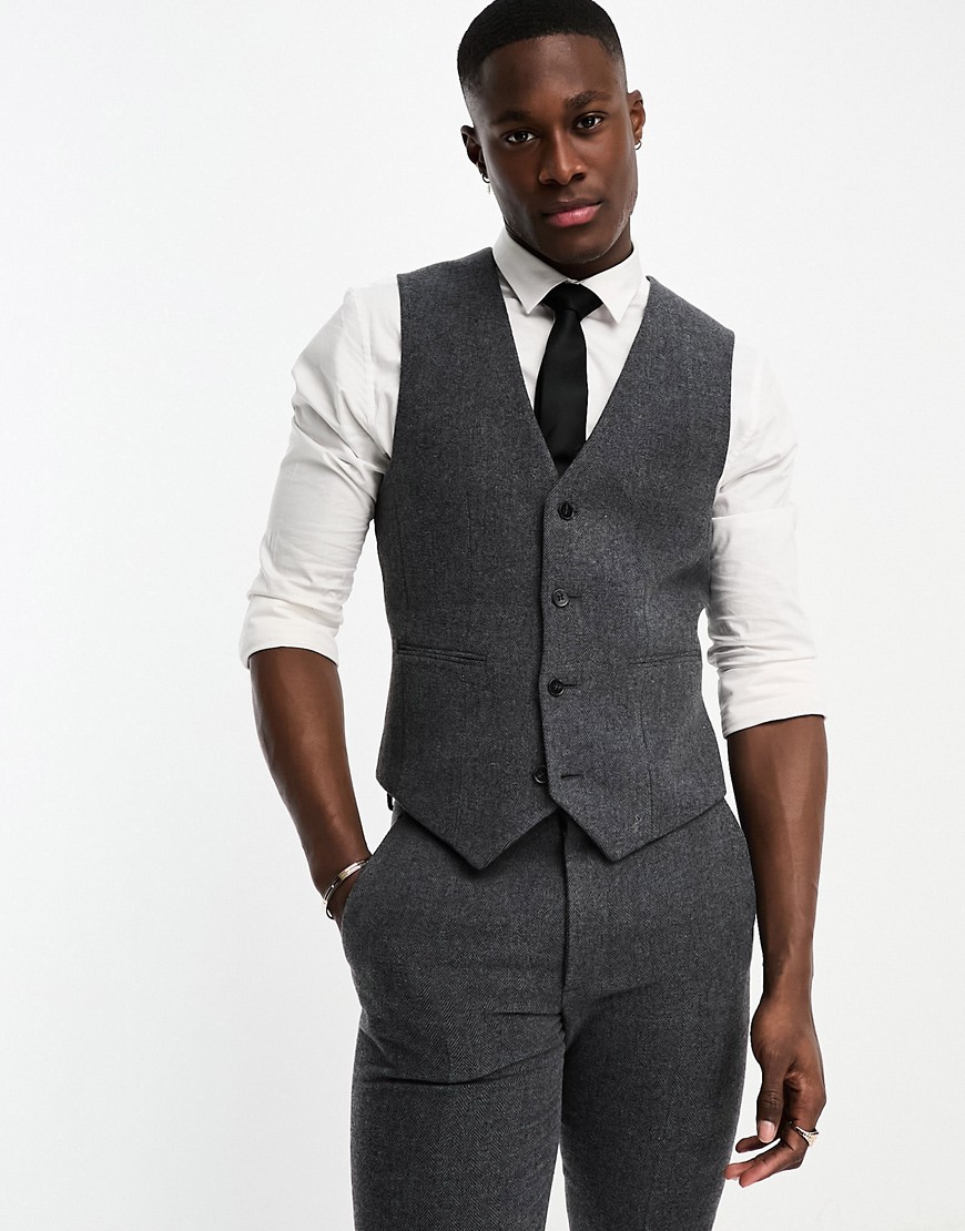 Shop Asos Design Skinny Wool Mix Suit Vest In Herringbone In Charcoal-gray