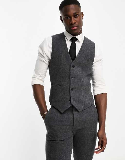 ASOS DESIGN skinny wool mix suit vest in herringbone in charcoal