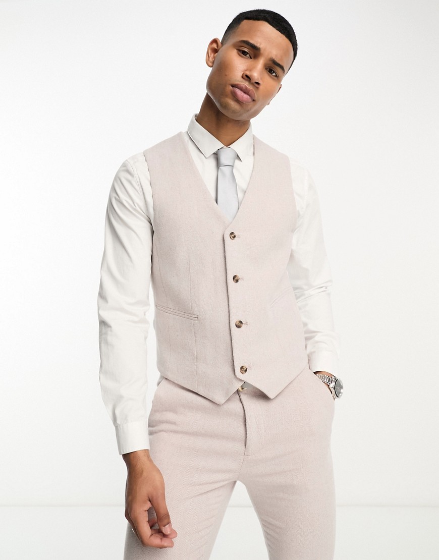 Asos Design Skinny Wool Mix Suit Vest In Pale Pink Herringbone
