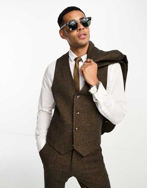 ASOS DESIGN skinny wool mix suit vest in tobacco herringbone