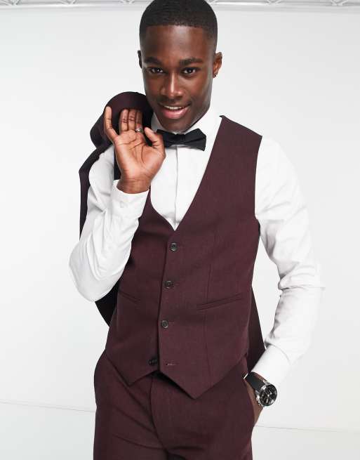 ASOS DESIGN skinny wool mix suit waistcoat in basketweave texture in burgundy