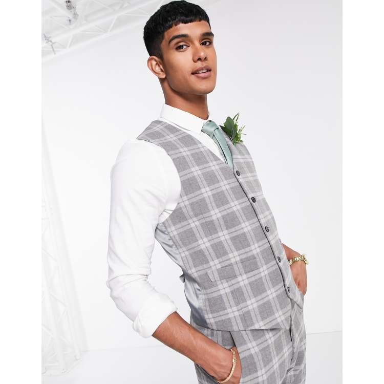 ASOS DESIGN skinny wool mix suit waistcoat in grey tartan check ASOS