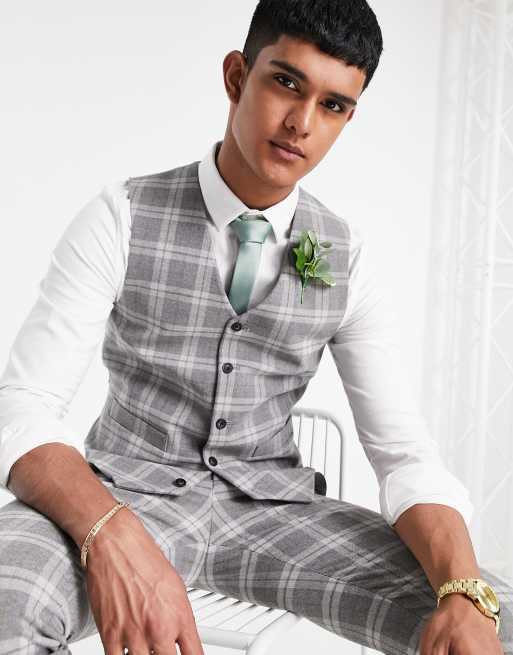 ASOS DESIGN skinny wool mix suit waistcoat in grey tartan check