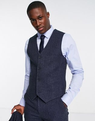 ASOS DESIGN skinny wool mix suit waistcoat in navy herringbone