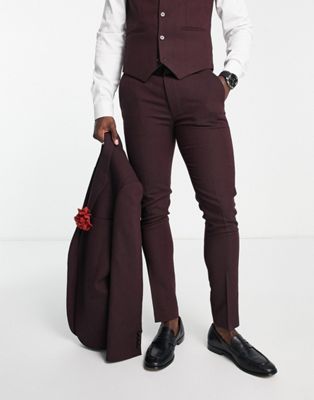 ASOS DESIGN skinny wool mix trousers in basketweave texture in burgundy - ASOS Price Checker