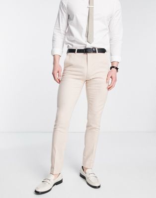 ASOS DESIGN skinny wool mix trousers in basketweave texture in stone-Neutral