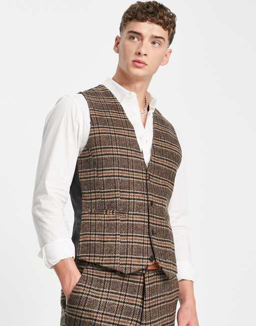 ASOS DESIGN skinny wool mix vest in brown plaid | ASOS