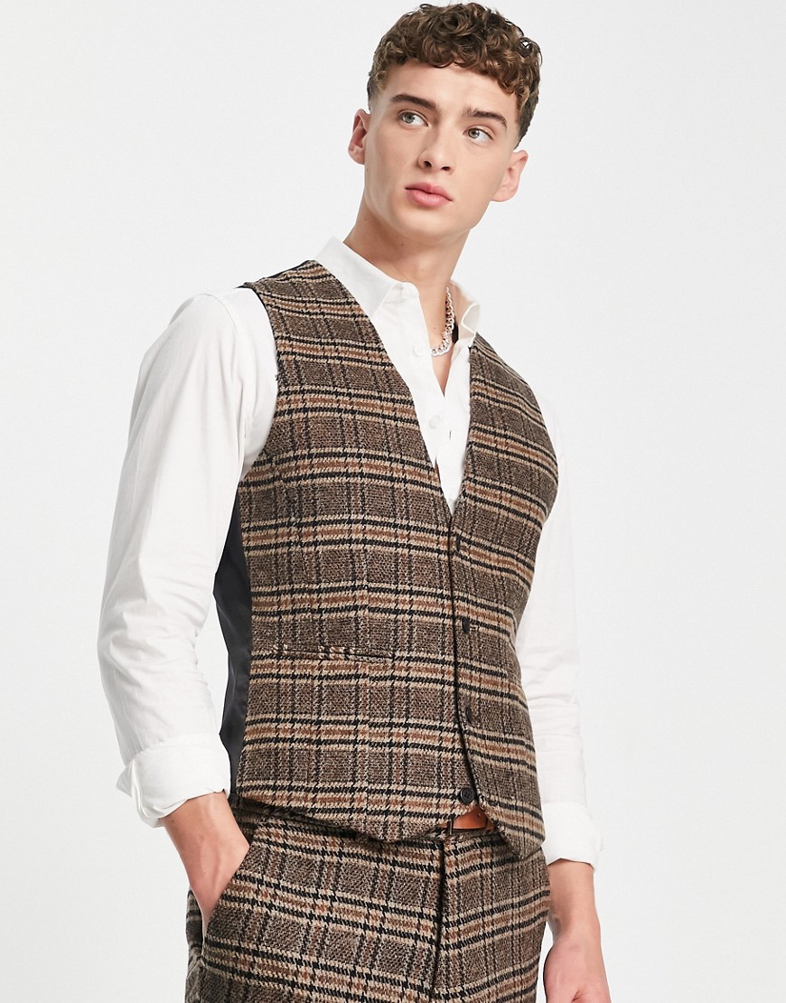 ASOS DESIGN skinny wool mix waistcoat in brown check