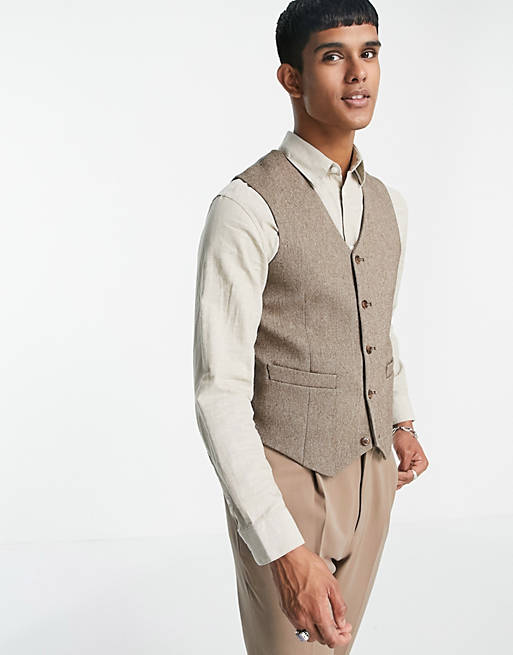 ASOS DESIGN skinny wool mix waistcoat in brown twill