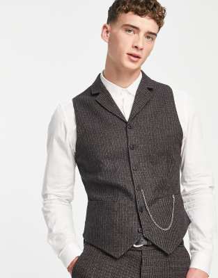 ASOS DESIGN skinny wool mix waistcoat in navy and brown micro check - ASOS Price Checker
