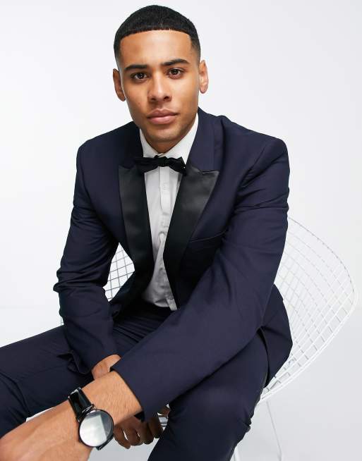 ASOS DESIGN skinny wool tuxedo jacket in navy with black lapels