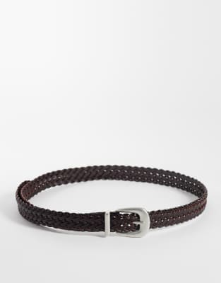 Asos Design Skinny Woven Leather Belt With Silver Curve Buckle And Metal Tip In Brown