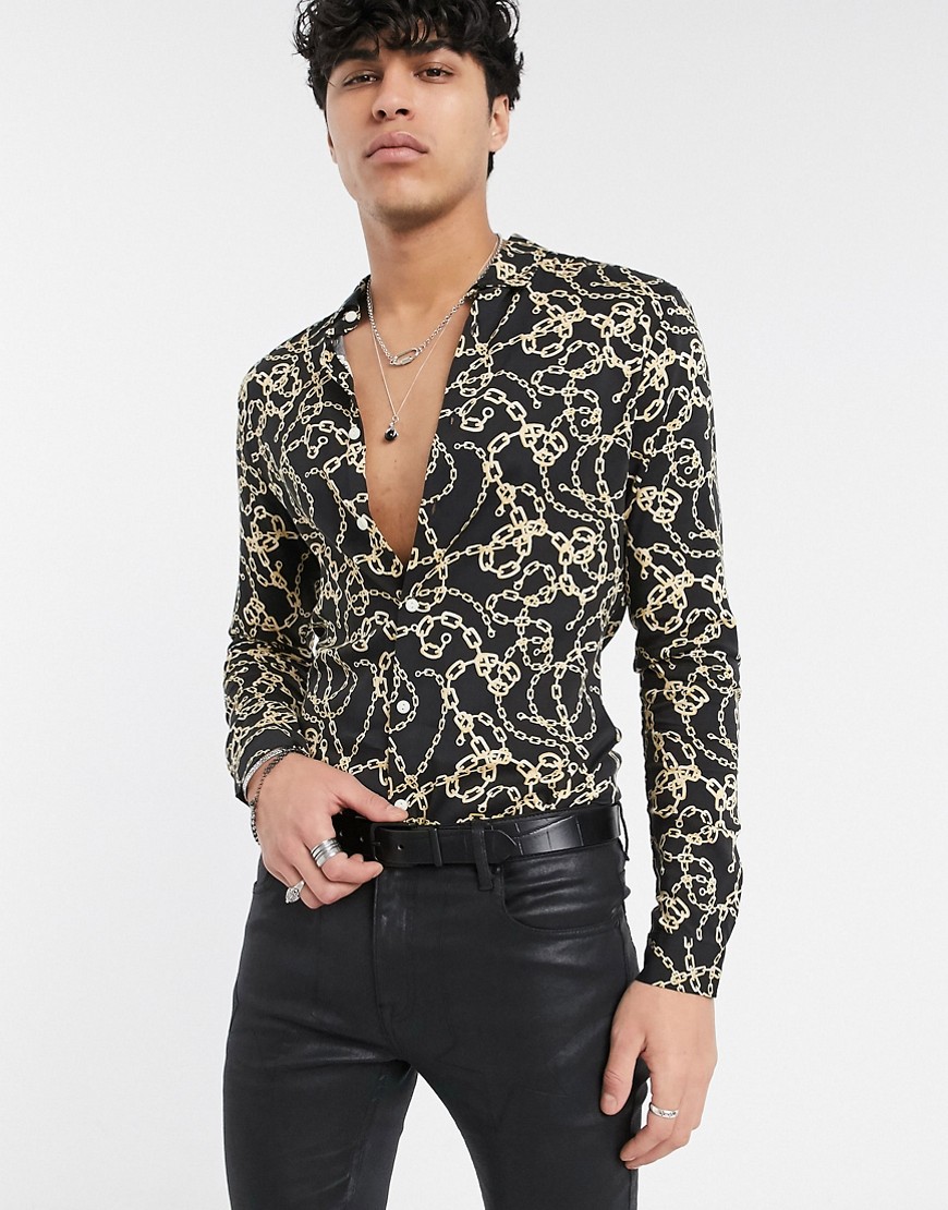 ASOS DESIGN - skinny overhemd met brede reverskraag en kettingprint-zwart