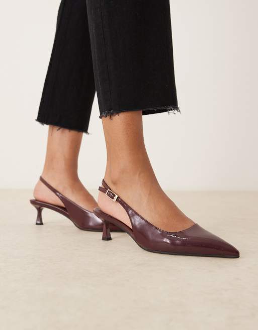 ASOS DESIGN Skip slingback kitten heel shoes in burgundy patent