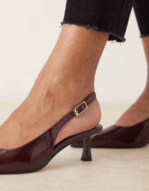 ASOS DESIGN Skip slingback kitten heel shoes in burgundy patent