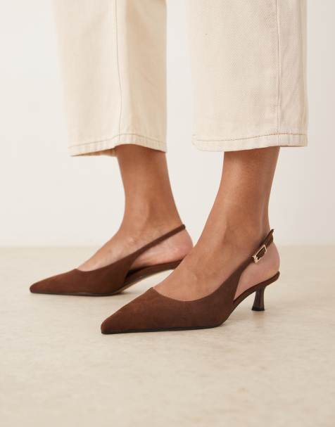 ASOS DESIGN Skip slingback kitten heel shoes in chocolate suedette - view 1
