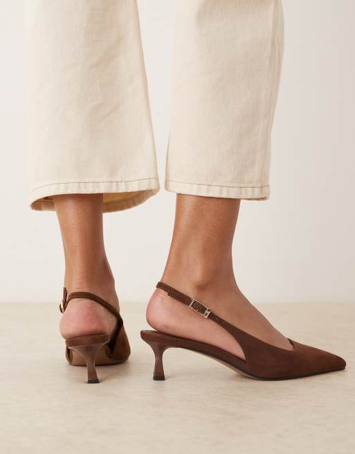 ASOS DESIGN Skip slingback kitten heel shoes in chocolate suedette