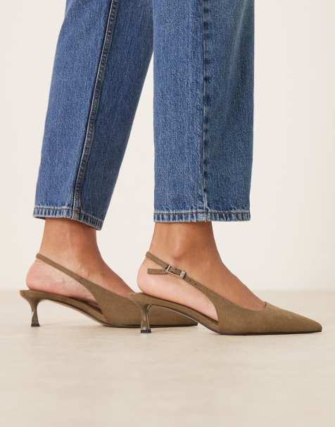 ASOS DESIGN - Skip - Slingback schoenen met brede pasvorm van imitatiesuède met kittenhak in olijfgroen - view 1