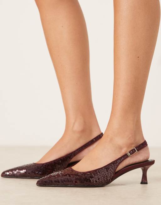 ASOS DESIGN - Skip - Slingback schoenen met kitten hak en lovertjes in bordeauxrood, 2 van 4