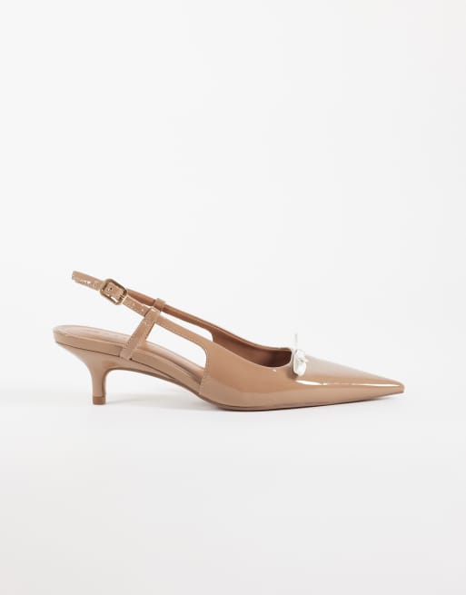 ASOS DESIGN Skippy bow detail slingback kitten heel pumps in beige patent, 2 of 4