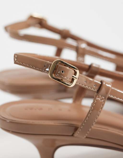 ASOS DESIGN Skippy bow detail slingback kitten heel pumps in beige patent, 4 of 4