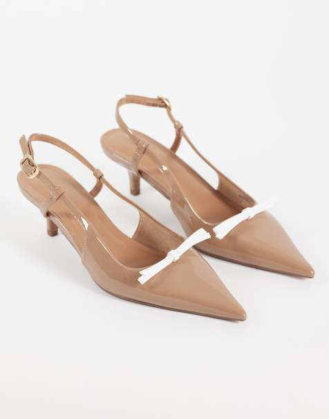 ASOS DESIGN Skippy bow detail slingback kitten heel shoes in beige patent - view 1