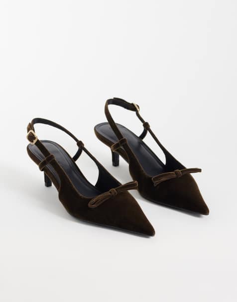 ASOS DESIGN Skippy bow detail slingback kitten heel shoes in green velvet - view 1