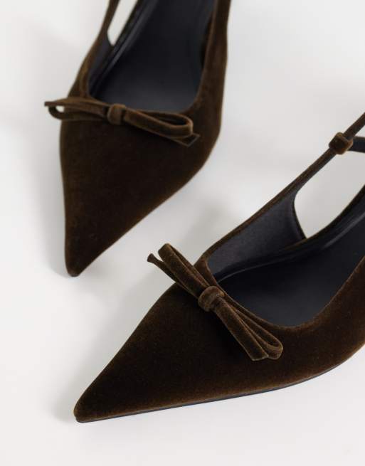 ASOS DESIGN Skippy sko med sløjfedetalje, slingback og kitten-hæl i grøn velour, 3 af 4
