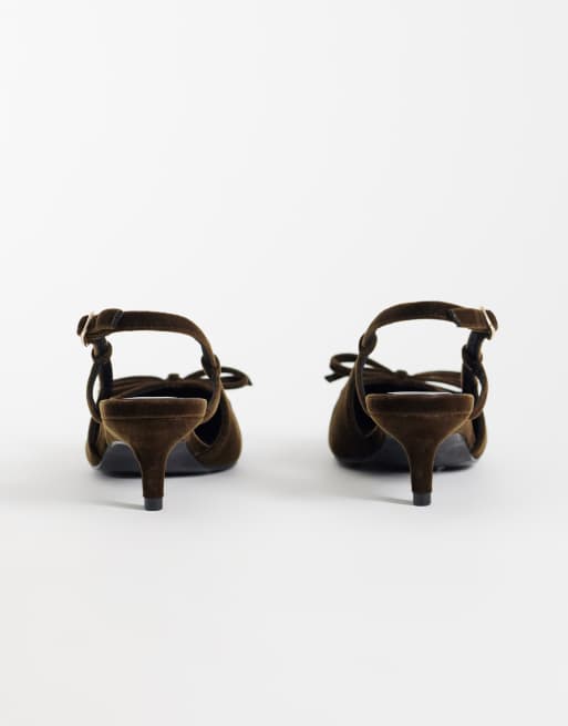 ASOS DESIGN Skippy skor med rosettdetalj, slingback och taxklack i grön sammet, 4 av 4