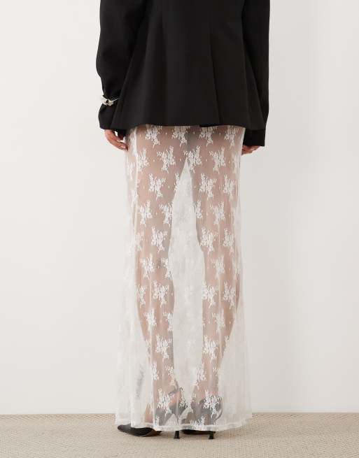 ASOS DESIGN skir i spets med transparent effekt, maxi, vit, 5 av 5