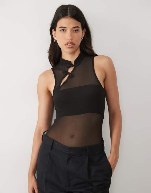 ASOS DESIGN skir mesh-body med mandarin-detalj och ärmlös design i svart, 3 av 4
