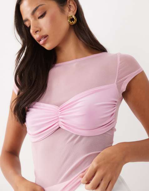 ASOS DESIGN skir mesh-set skjorta med rynkade detaljer i rosa - view 1