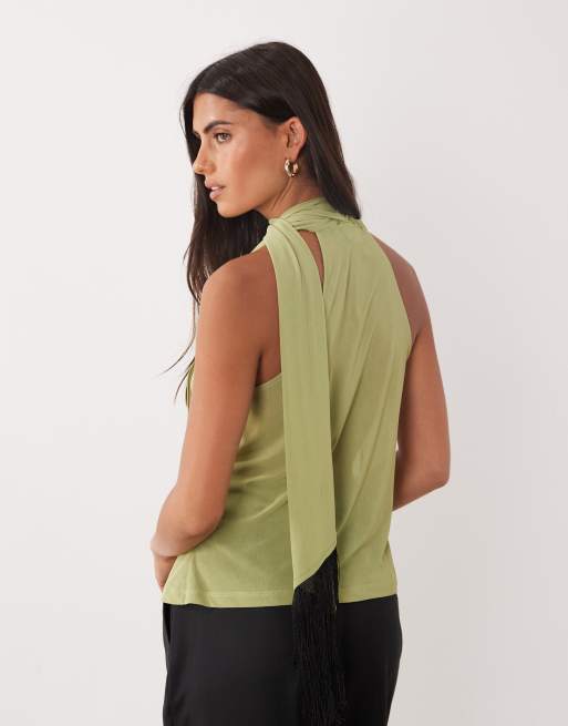 ASOS DESIGN skir mesh-topp med draperad ringning och fransscarf i grönt, 4 av 4