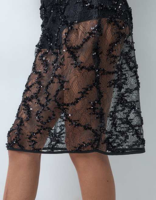 ASOS DESIGN skir spetskjol med paljetter, ojämn längd, midi-pennkjol i svart, 5 av 5