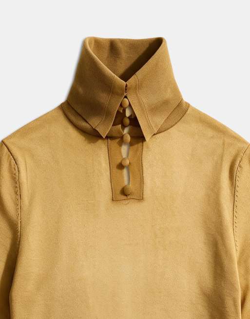 ASOS DESIGN skir stickad tröja med knappar och polokrage i ockra, 9 av 9