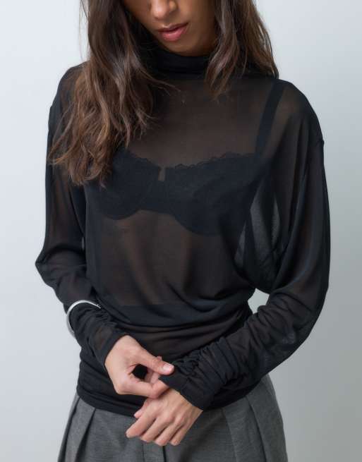 ASOS DESIGN skir topp med pingvinärmar, hög krage och rynkade ärmar i svart, 3 av 4