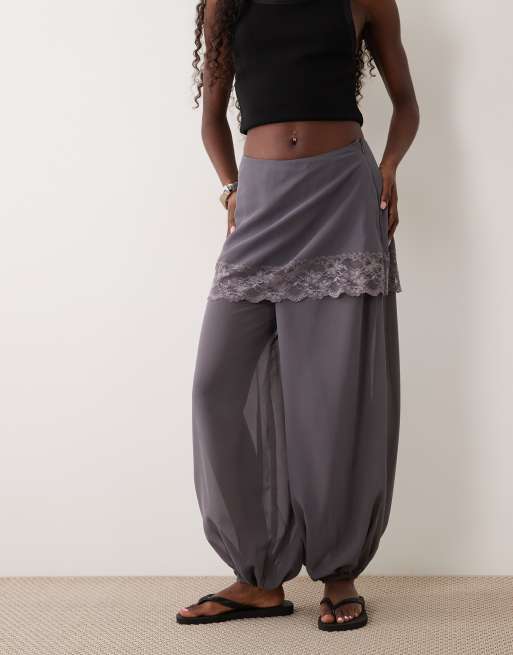 ASOS DESIGN skirt detail trousers with lace in charcoal, 2 of 5
