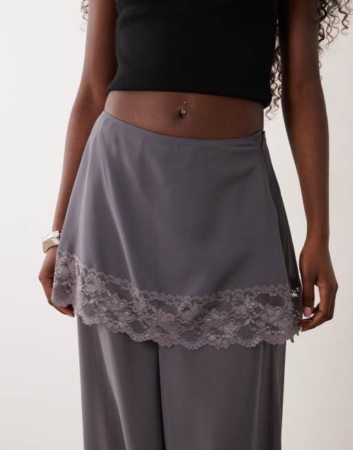 ASOS DESIGN skirt detail trousers with lace in charcoal, 3 of 5