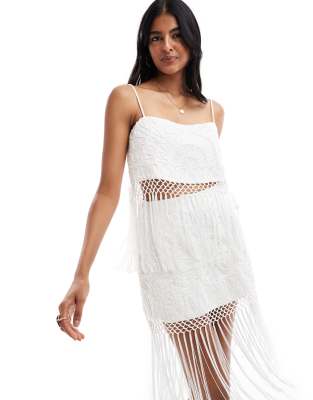 Asos Design Skirt With Chain-stitch Embroidery And Fringe Detailing - Part Of A Set-white
