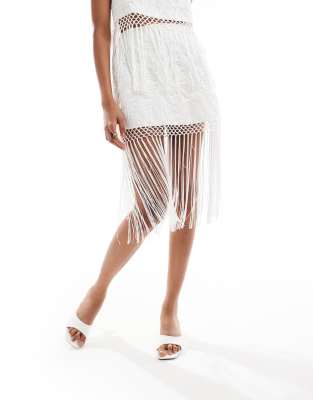 Asos Design Skirt With Chain-stitch Embroidery And Fringe Detailing - Part Of A Set-white In White