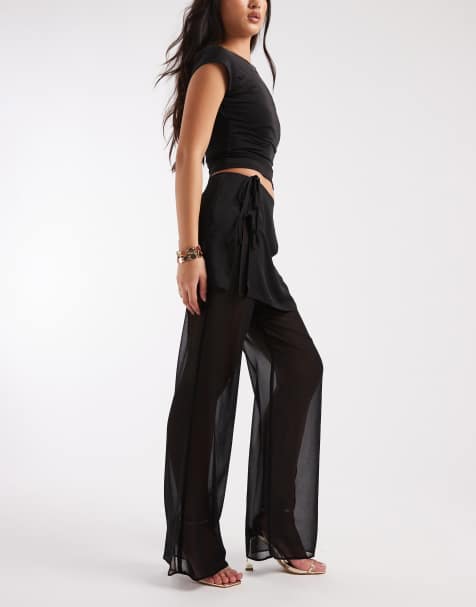 ASOS DESIGN skirt wrap over sheer trouser in black - view 1