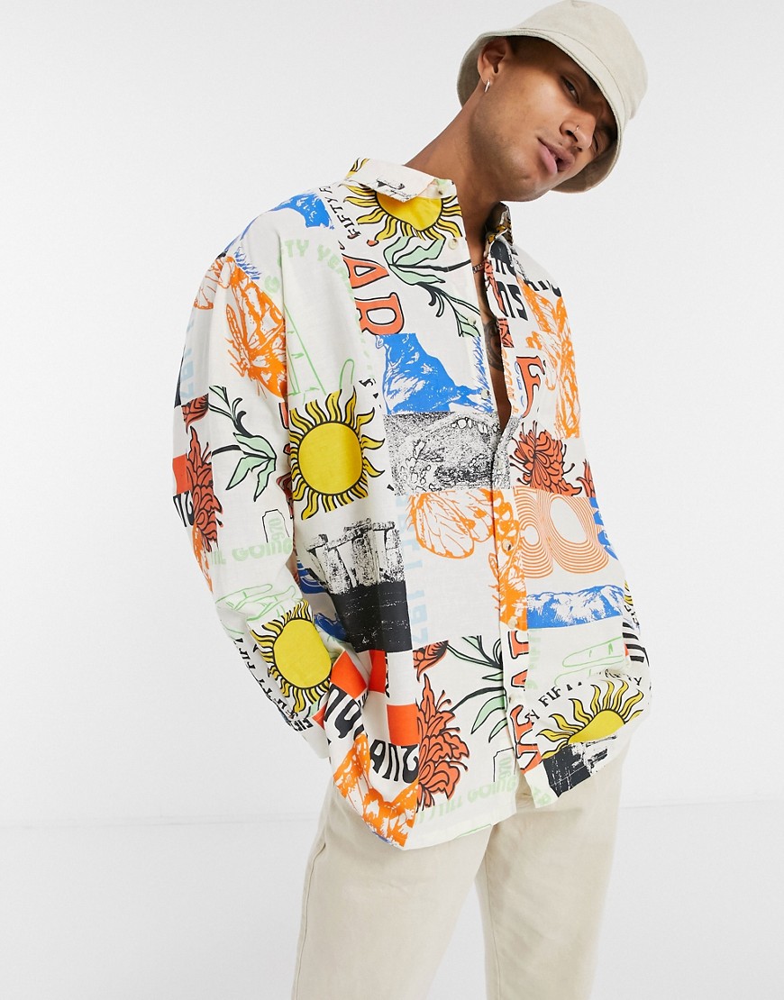 ASOS DESIGN - Skjorta i oversize av linneaktigt tyg med bred passform och sommarmotiv-Flerfärgad