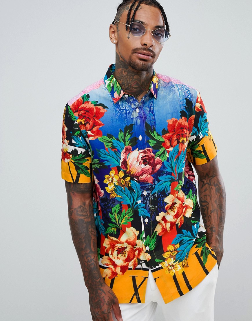 ASOS DESIGN – Skjorta i viskos och regular fit med landskapsmönster med blommor-Flerfärgad