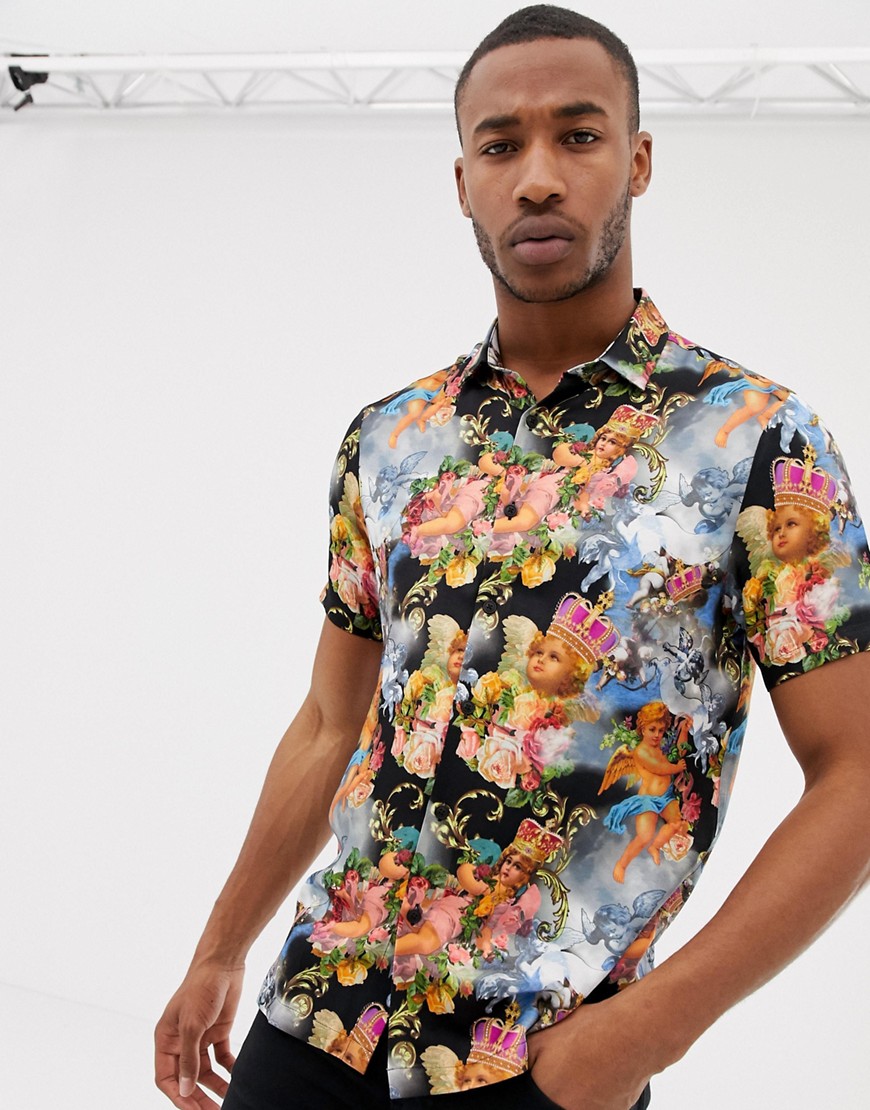 ASOS DESIGN – Skjorta med blommigt kerubmönster och normal passform-Blå