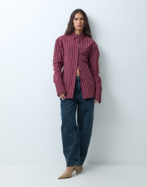 ASOS DESIGN skjorta med markerad midja i burgundy-rand - view 1